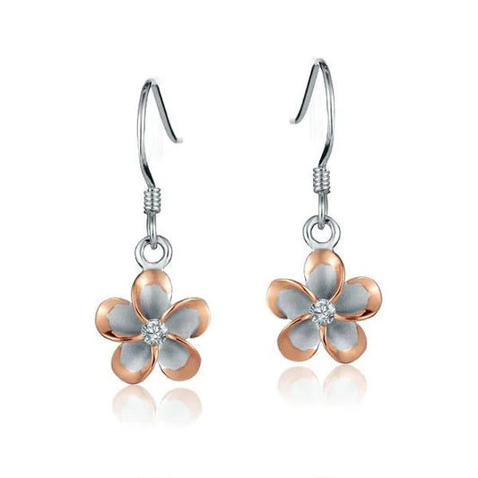 Sterling silver Plumeria CZ PG plated hook earring, 10mm size, showcasing intricate floral design in a close-up view.
