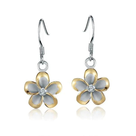 Sterling silver Plumeria CZ hook earring with 12mm yellow gold plated flower design by Ashley's Gift Shop
