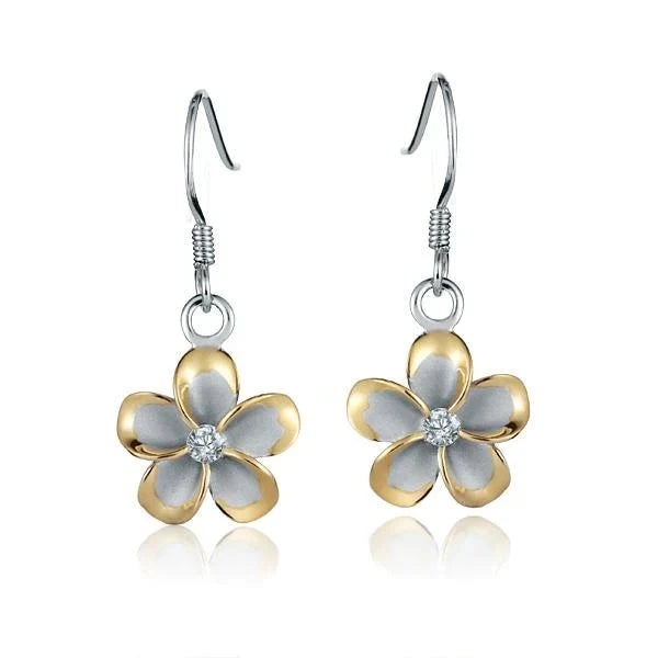 Hawaiian 925 Sterling Silver plumeria CZ hook earring with yellow gold plating, 12mm length, featuring floral design.