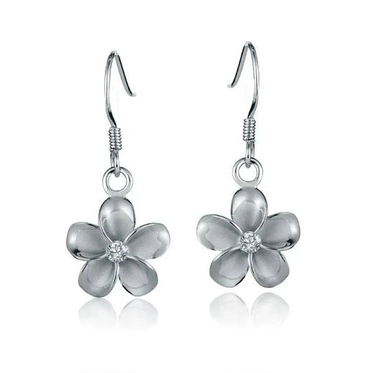 Sterling silver Plumeria CZ hook earring with rhodium plating, 12mm size, featuring floral design and sparkling cubic zirconia accents.