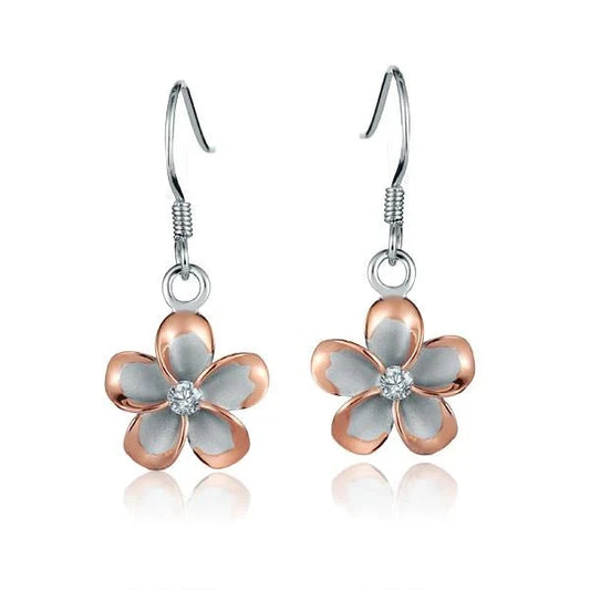 Sterling silver Plumeria CZ PG plated hook earring, 12mm, with floral design and sparkling cubic zirconia for elegant jewelry.