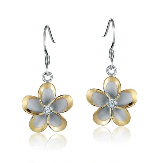 Sterling silver Plumeria CZ hook earring with yellow gold plating, 15mm length, featuring floral design and sparkling cubic zirconia.