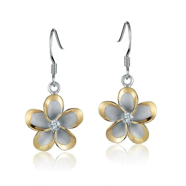 Hawaiian 925 Sterling Silver plumeria CZ YG plated hook earring, 15mm, featuring a floral design with yellow gold finish.