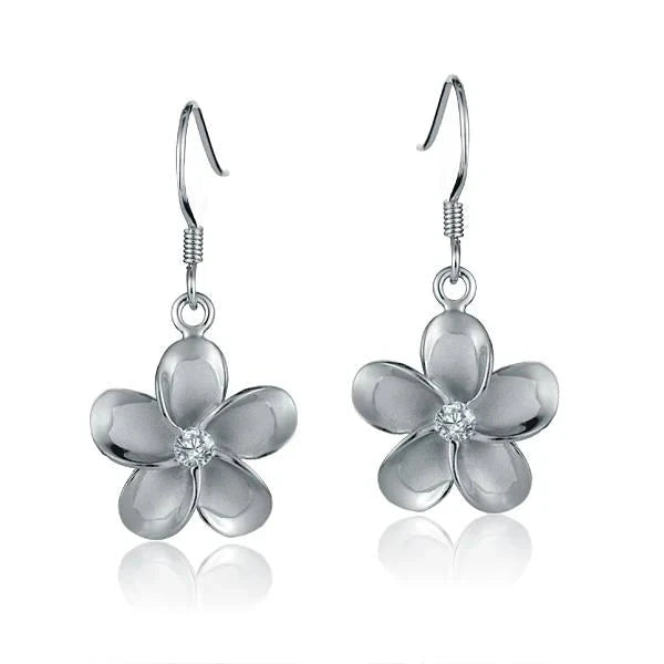 Hawaiian 925 Sterling Silver plumeria CZ rhodium-plated hook earring, 15mm, featuring floral design.