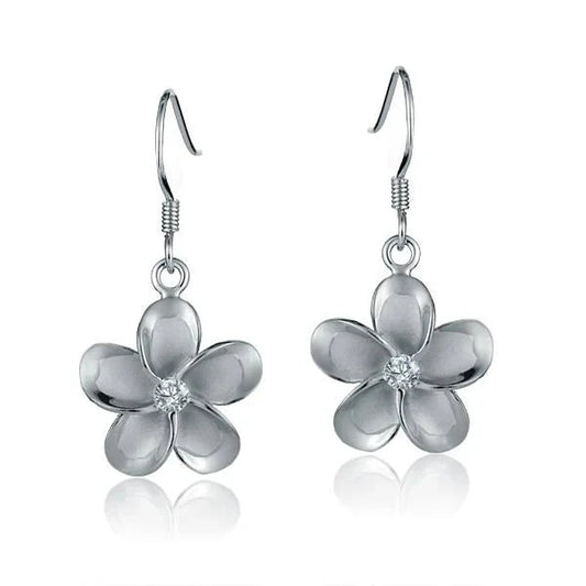 Sterling silver Plumeria CZ hook earring, 15mm, rhodium plated with floral design, from Ashley's Gift Shop.