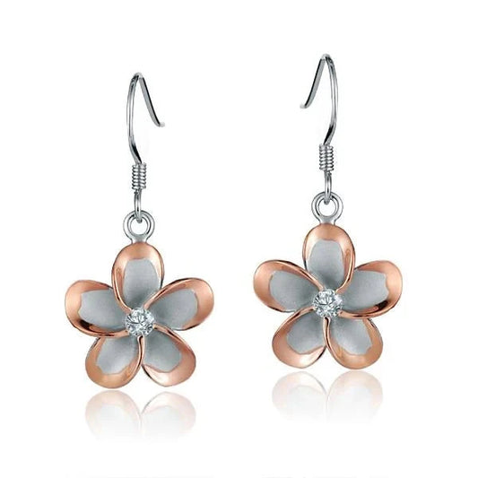 Sterling silver Plumeria CZ PG plated hook earring, 15mm, featuring floral design and sparkling cubic zirconia accents.
