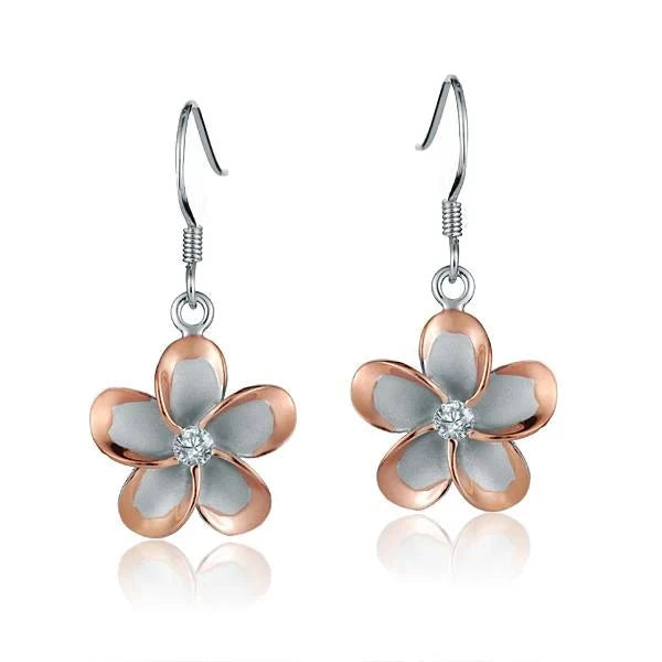 Hawaiian 925 Sterling Silver plumeria CZ PG plated hook earring, 15mm, featuring floral design and sparkling cubic zirconia.