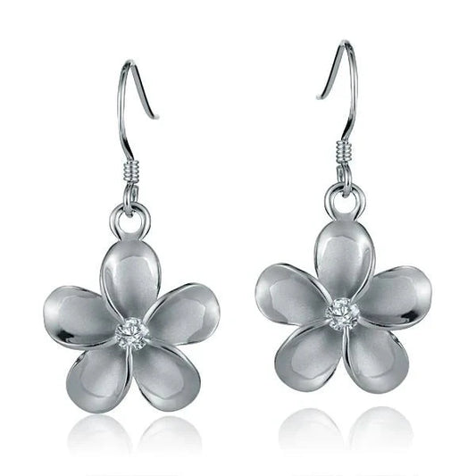 Sterling silver Plumeria CZ rhodium plated hook earring, 18mm, featuring floral design and sparkling cubic zirconia accents.