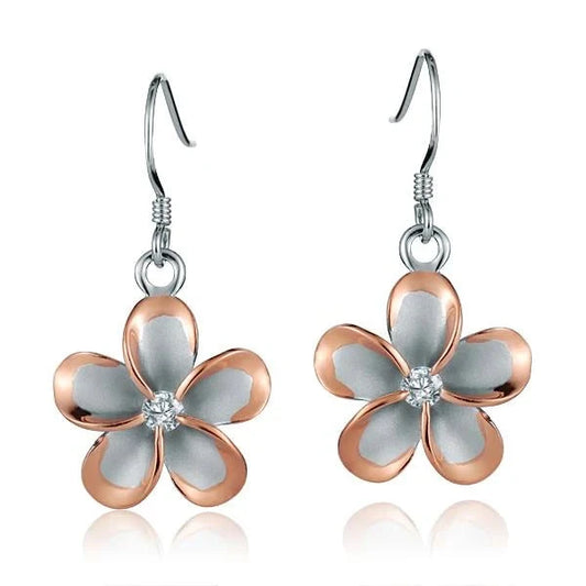 Sterling silver Plumeria CZ PG plated hook earring, 18mm, with floral design, by Ashley's Gift Shop.