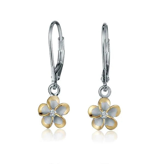 Sterling silver Plumeria YG plated long earrings with 8mm floral design, crafted in 925 silver, by Ashley's Gift Shop.