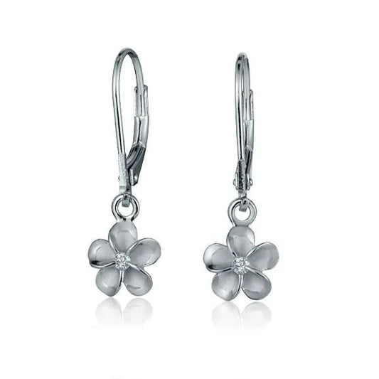Sterling silver Plumeria rhodium-plated L/B earrings, 8mm size, featuring floral design, from Ashley's Gift Shop.
