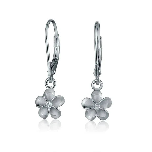 Hawaiian 925 Sterling Silver plumeria rhodium-plated L/B earring with 8mm flower design.