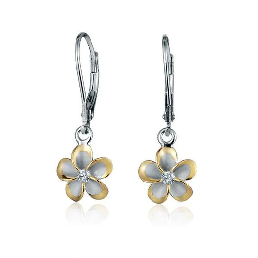 Sterling silver Plumeria YG plated long/large earring with 10mm size, featuring floral design and intricate craftsmanship.