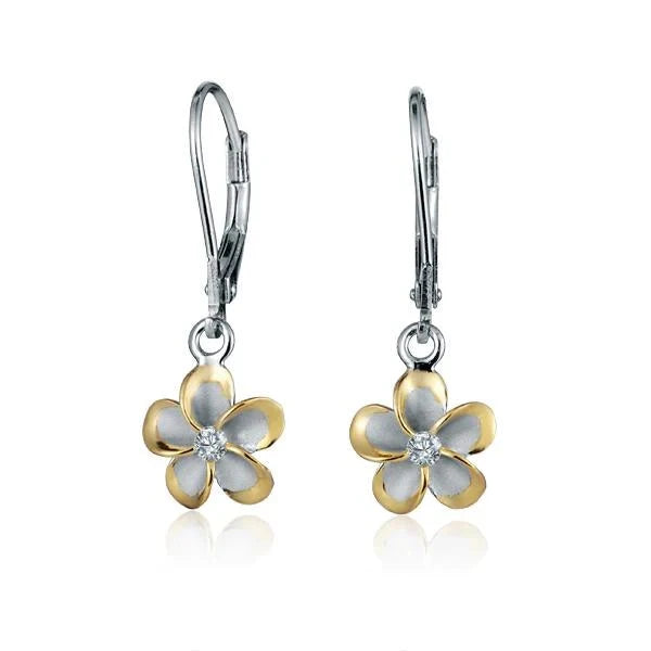 Hawaiian 925 Sterling Silver plumeria YG plated long bar earring, 10mm, featuring a delicate floral design.