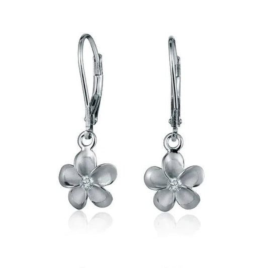 Sterling silver Plumeria rhodium-plated long bar earring with 10mm flower design, crafted by Ashley's Gift Shop