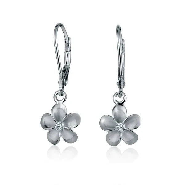 Hawaiian 925 Sterling Silver plumeria earrings with rhodium plating, 10mm size, featuring delicate flower design and elegant.