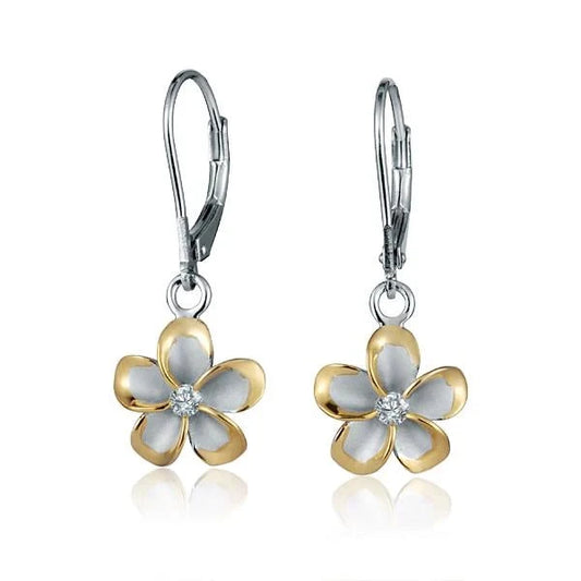 Sterling silver Plumeria YG plated L/B earring with 12mm floral design, featuring a 925 silver finish and delicate craftsmanship.