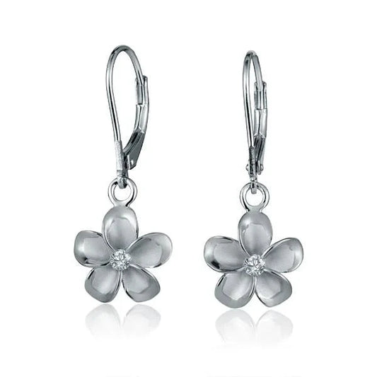 Sterling silver Plumeria rhodium-plated long earring, 12mm size, showcasing intricate floral design and shiny finish.