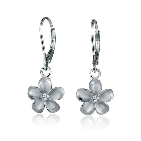 Hawaiian 925 Sterling Silver rhodium plated Plumeria sterling silver earring, 12mm, featuring delicate floral design.