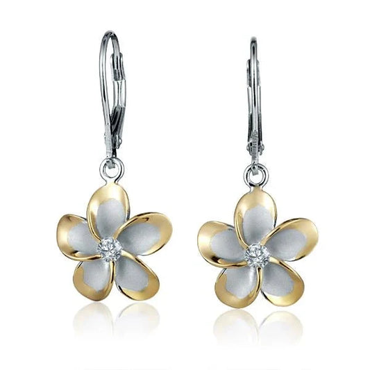 Sterling silver Plumeria YG plated L/B earring, 15mm, featuring a floral design and 925 sterling silver construction.