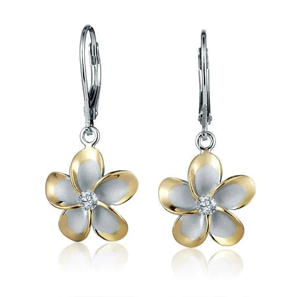 Hawaiian 925 Sterling Silver plumeria YG plated long bar earring, 15mm, with detailed floral design.