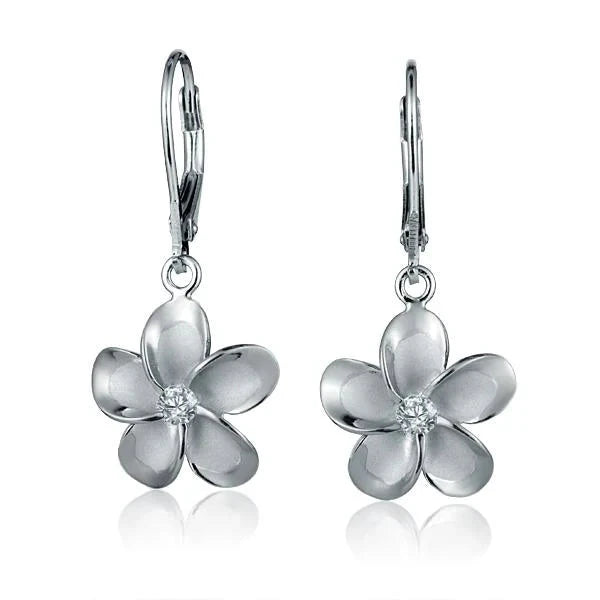 Hawaiian 925 Sterling Silver plumeria rhodium-plated long bar earring, 15mm, with detailed floral design and elegant finish.