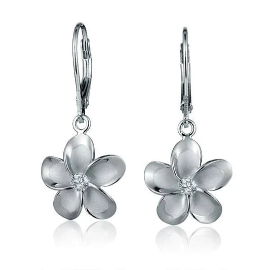 Sterling silver plumeria rhodium-plated long earring with 15mm floral design showcasing intricate details and shiny finish.