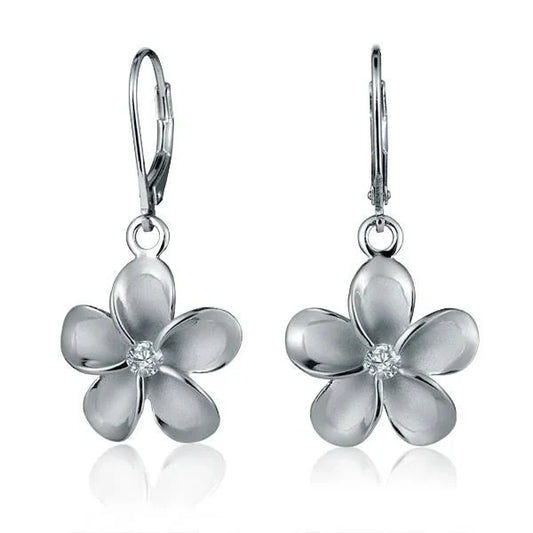 Sterling silver Plumeria rhodium-plated long earring with 18mm floral design, featuring shiny silver finish.