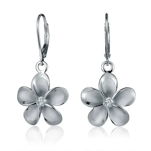 Hawaiian 925 Sterling Silver plumeria rhodium-plated L/B earring, 18mm, with floral design.