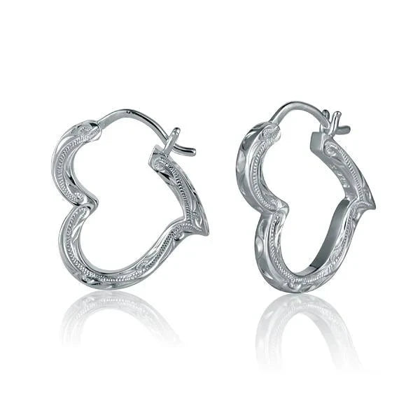 Hawaiian 925 Sterling Silver heart outline hook earring with engraved SCR design for elegant wear.