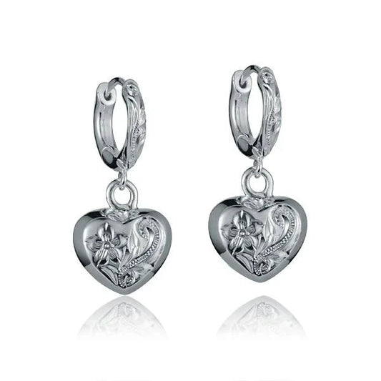 Solid Wire w/Heart Engraved Earring — 925 Sterling Silver Hawaiian jewelry from Ashley's Gift Shop