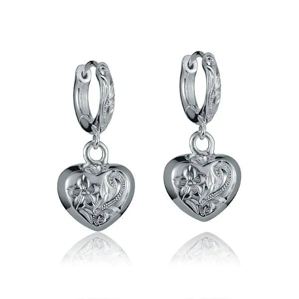 Hawaiian 925 Sterling Silver solid wire earring with engraved heart design, featuring a delicate and elegant appearance.