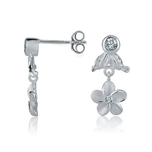 Sterling silver CZ leaf plumeria earring featuring a delicate floral design, perfect for elegant jewelry collection.