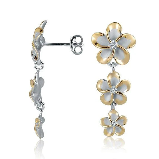 SE 12-10-8mm Rhodium CZ YG Plated Earring — 925 Sterling Silver Hawaiian jewelry from Ashley's Gift Shop