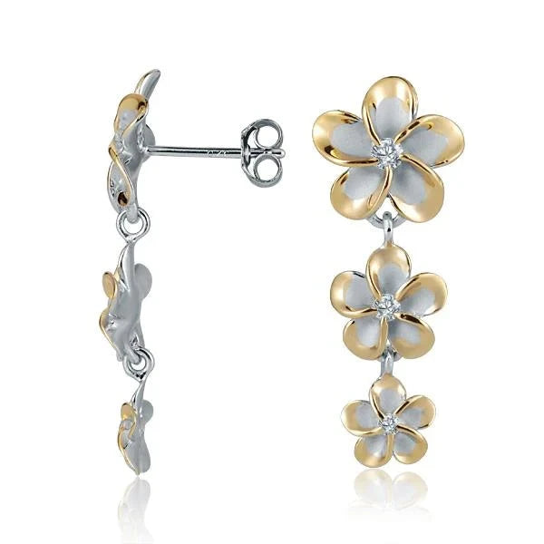 Hawaiian 925 Sterling Silver rhodium-plated earring with yellow gold finish and cubic zirconia stones.