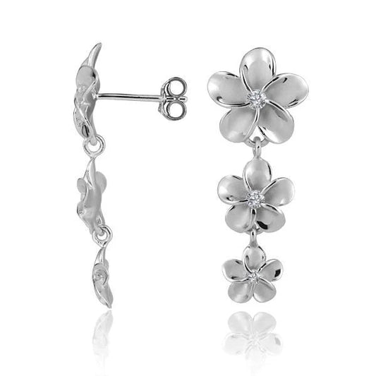 Sterling silver SE 12-10-8mm rhodium CZ earrings with sparkling cubic zirconia accents, designed for elegant wear.