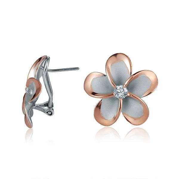 Hawaiian 925 Sterling Silver french clip earring with cubic zirconia, 22mm, plated in rose gold, featuring a classic.