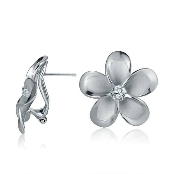 Hawaiian 925 Sterling Silver sE CZ rhodium French clip earring, 25mm size, with sparkling cubic zirconia stones.