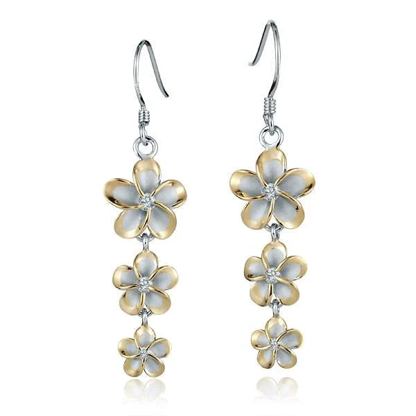Hawaiian 925 Sterling Silver sterling silver SE YG plated CZ hook earrings in 12mm, 10mm, and 8mm sizes.