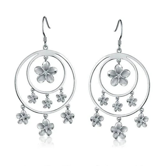 Sterling silver SE Double Circle Hook 7 Plumeria Earring featuring a modern design with intricate floral details.