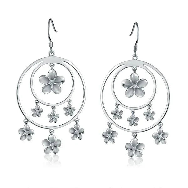 Hawaiian 925 Sterling Silver sE Double Circle Hook 7 Plumeria Earring with floral design, featuring elegant hook style.