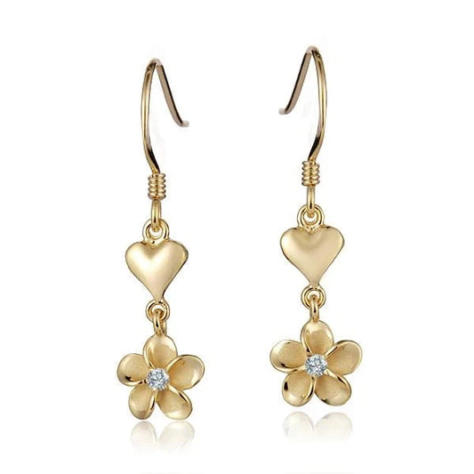 Sterling silver Heart+ Plumeria YG plated hook earring with 8mm design, crafted from 925 silver.