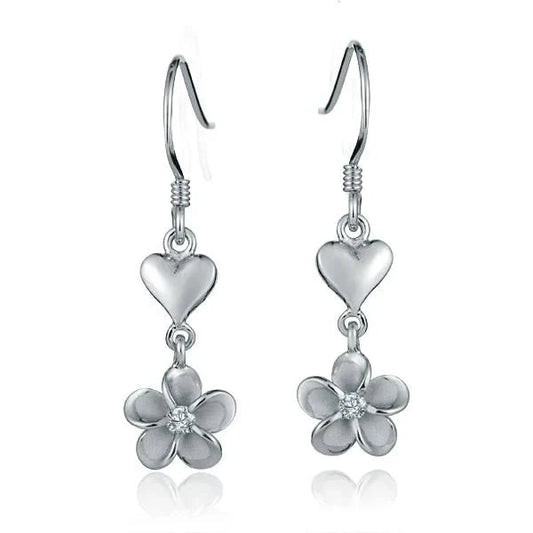 Sterling silver Heart+ Plumeria rhodium plated hook earring featuring an 8mm floral design, crafted by Ashley's Gift Shop.