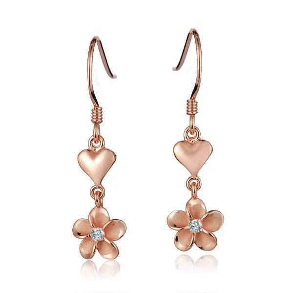Hawaiian 925 Sterling Silver heart+ Plumeria PG plated hook earring with 8mm size, featuring floral design and elegant.