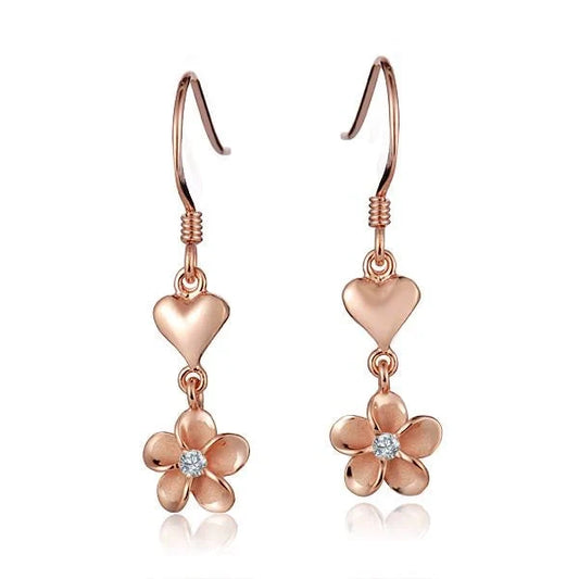 Sterling silver Heart+ Plumeria PG plated hook earring with 8mm diameter, featuring floral design and shiny finish.