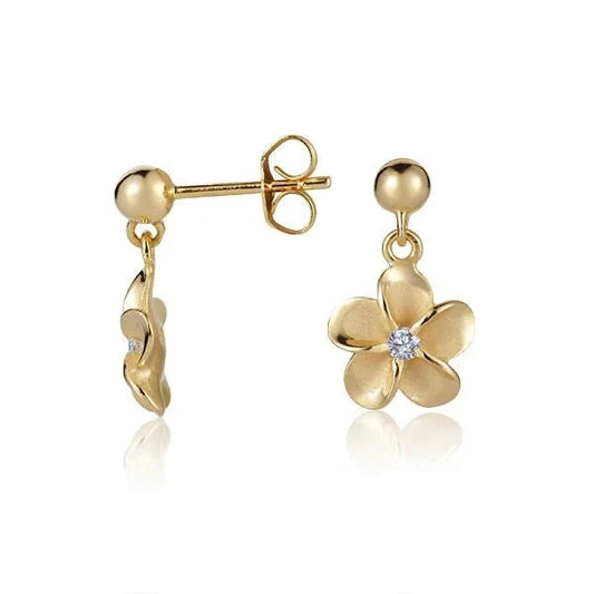 Sterling silver bead and plumeria CZ YG plated earring featuring 8mm design with floral accents and sparkling gemstones.