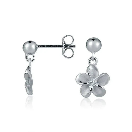 Sterling silver Ashley's Gift Shop bead and plumeria CZ rhodium-plated 8mm earring with intricate design and sparkling stones.