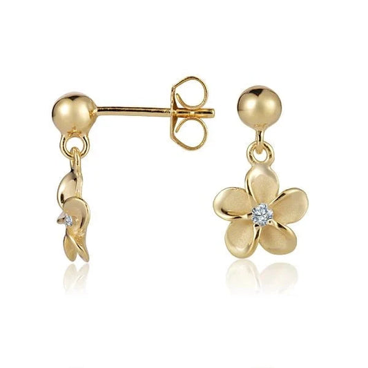Sterling silver bead and plumeria CZ earrings with 10mm size, yellow gold plated design, featuring floral and sparkling gemstone details.