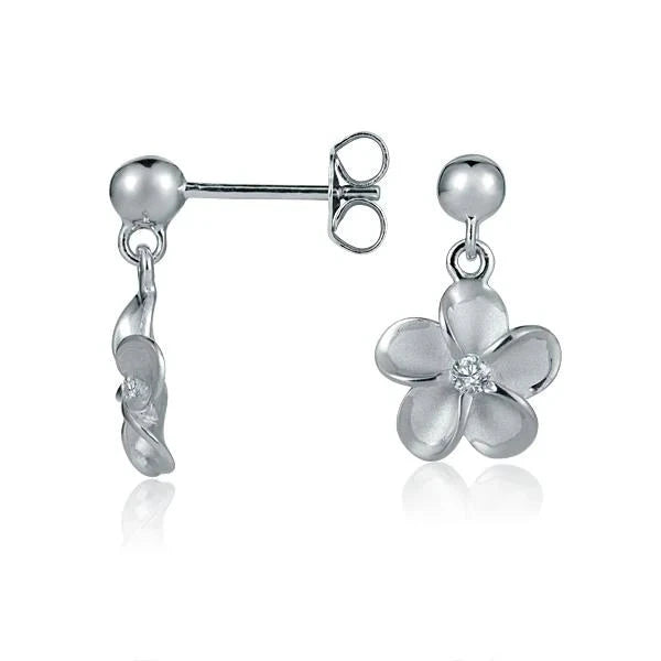 Hawaiian 925 Sterling Silver bead and Plumeria CZ Rhodium Plated Earring, 10mm, featuring intricate bead design and floral.