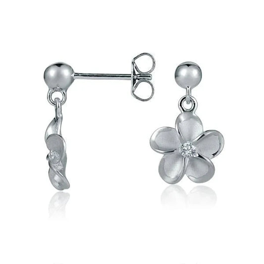Sterling silver Bead and Plumeria CZ Rhodium Plated earring with 10mm diameter, featuring intricate floral design and shiny finish.